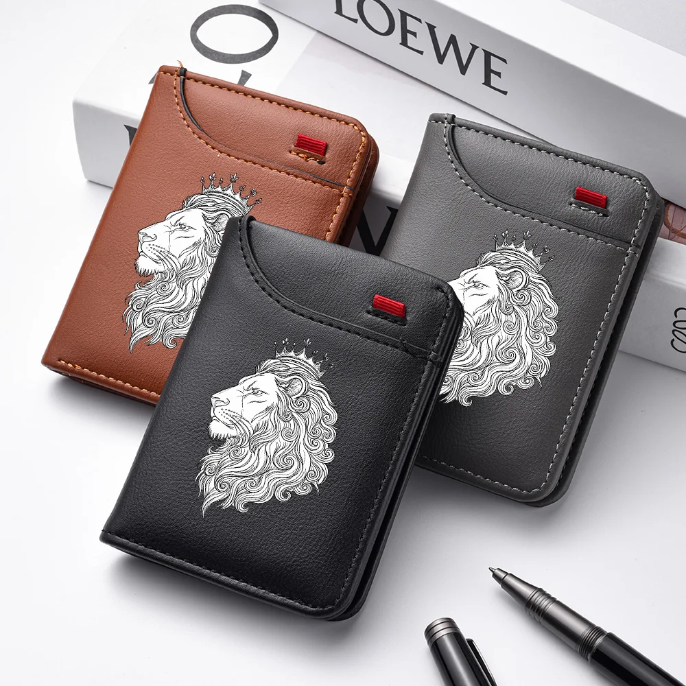 Men's Ultra-Thin PU Wallet King Lion Pattern Crown Printing Double-Fold Card Holder Portable Vertical Style Daily Accessory