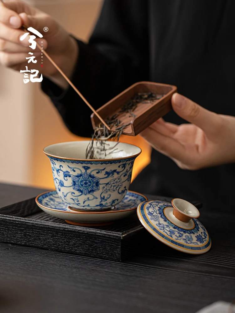 

Blue and White Ru Ware Sancai Gaiwan Tea Cup Single High-End Set with Lid Household Three-Piece Kung Fu Brewing Bowl