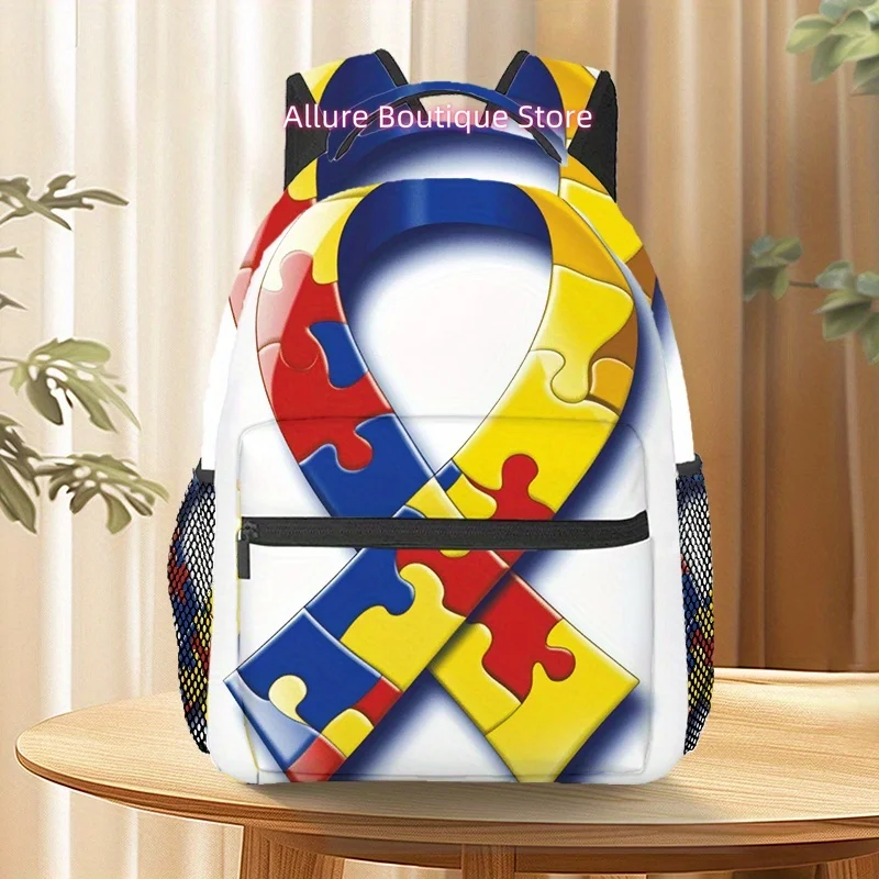 Autism Awareness Puzzle Print Backpack - Lightweight Durable Polyester Hiking Backpack with Adjustable Straps, Multiple Compartm