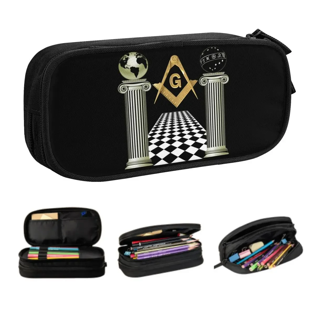 Boaz And Jachin Solomon's Temple Pencil Case for Masonic Mason Freemason Large Storage Pen Box Bag School Accessories