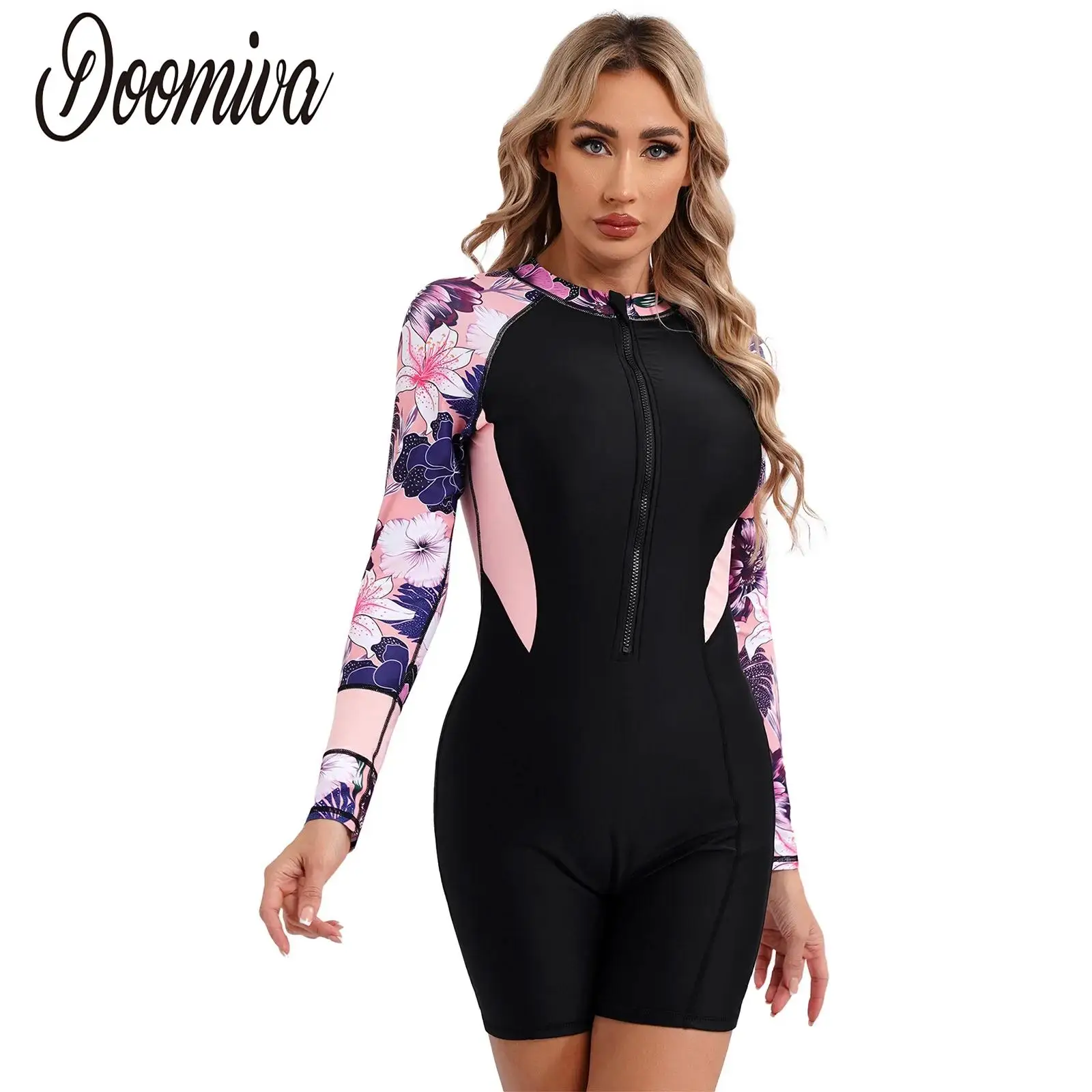 

Women Long Sleeve Zipper Swimwear Rash Guard Beach Surfing Wetsuit Bathing Suit One Piece Floral Print Athletic Swimsuit Leotard