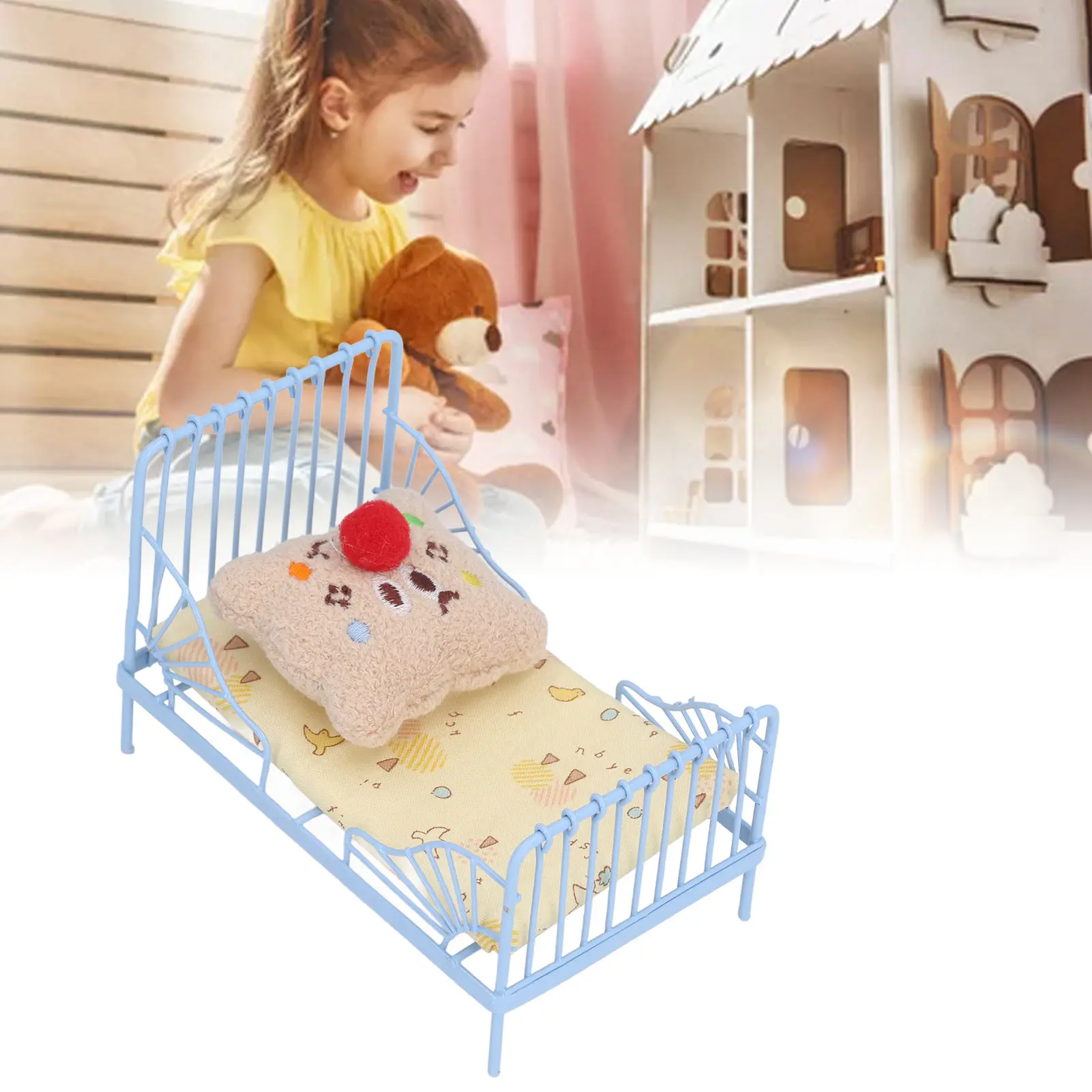 ZK40 1:12 Miniature Bed Metal Structure Cute Pattern Sponge Cloth Mattress Dollhouse Bed Doll House Accessories