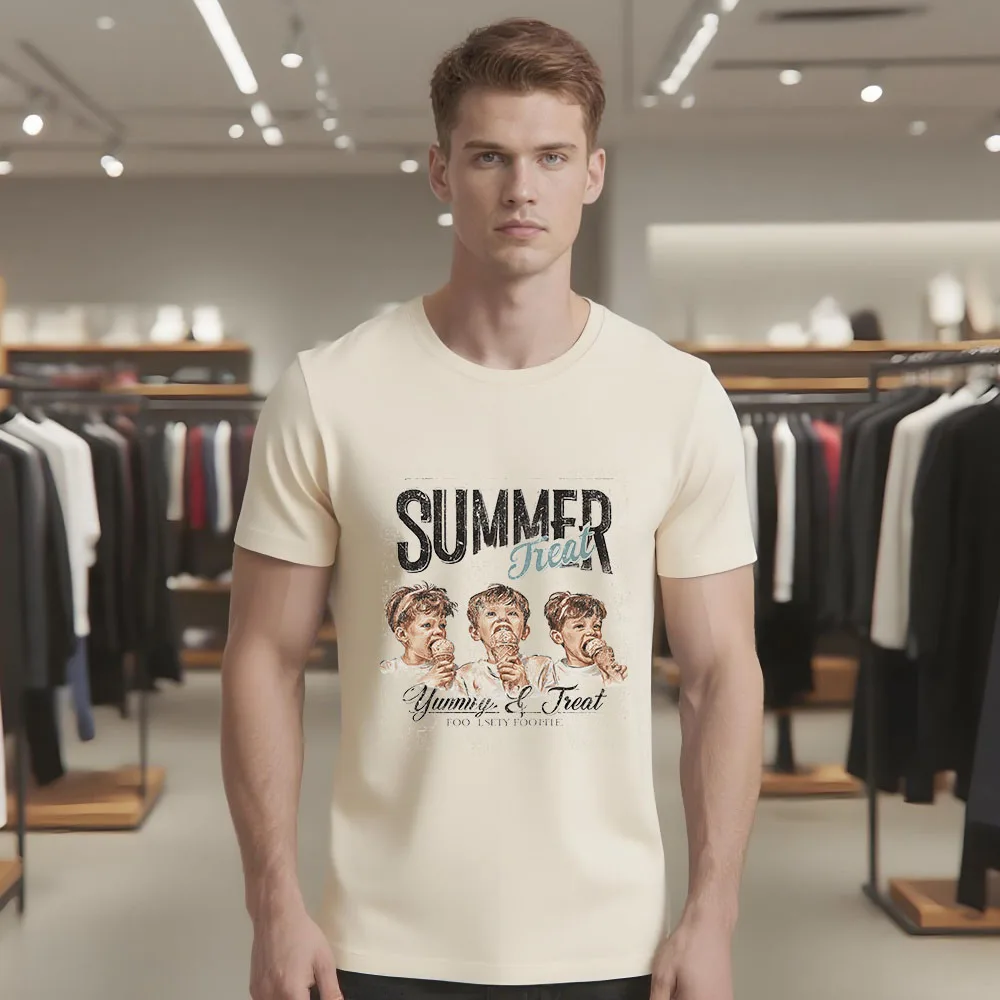 

Casual street fashion, eating ice cream graphic print, men's short-sleeved T-shirt, couple wear,cotton crew neck shirt
