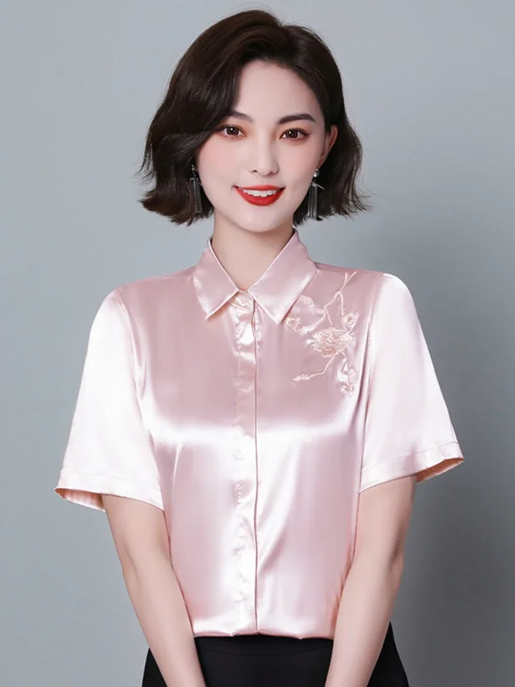 

Silk Women Shirt Embroidered Womens Tops Satin Short Sleeve Blouse Summer Fashion Female Clothing Casual Shirts B113