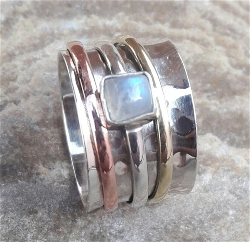 Multilayer Men Ring Boho Inlaid Square Stone Silver Color Personality Jewelry Vintage Punk Finger Ring for Women Custom Jewelry