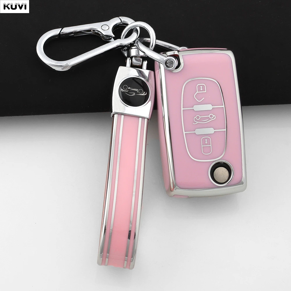 Pink TPU Car Key Case Cover For Citroen C2 C3 C4 C5 C6 Xsara Berlingo For Peugeot 207 307 308 407 607 807 Protected Keychain Fob