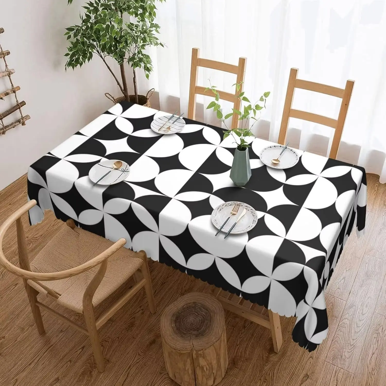 

Minimalist Mid Century Modern Tablecloth, Premium Geometric Abstract Art Table Cover for Black White Kitchen Dining