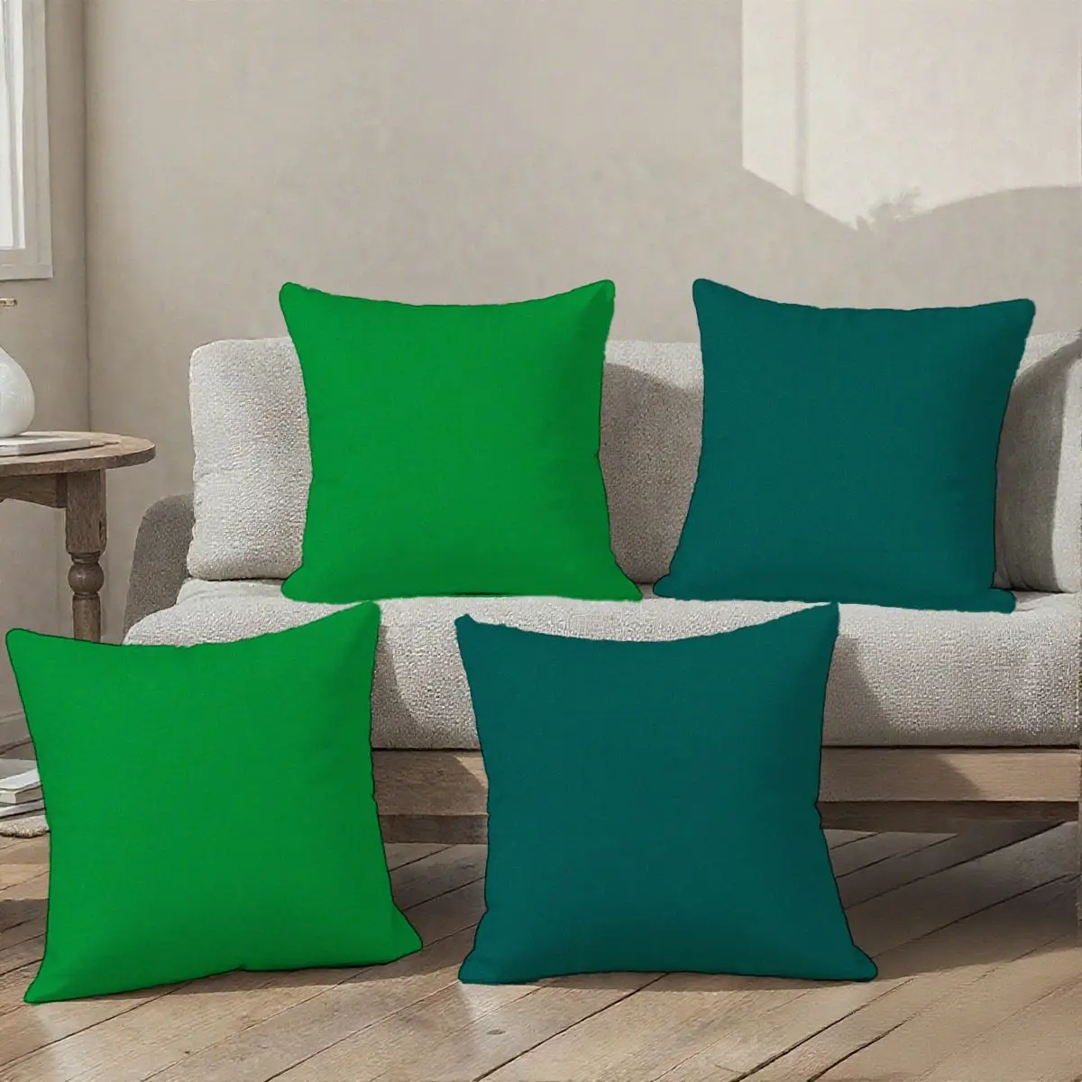 4 fundas de cojín cuadradas, verde y verde azulado oscuro (bloque de colores), minimalista, otoño e invierno, cremallera, estampado de un solo lado, decoración del hogar