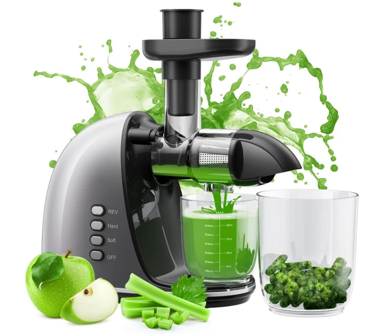 Easy to clean slow chewing juicer for vegetables and fruits, 92% juice yield, quiet motor and reverse function with brush