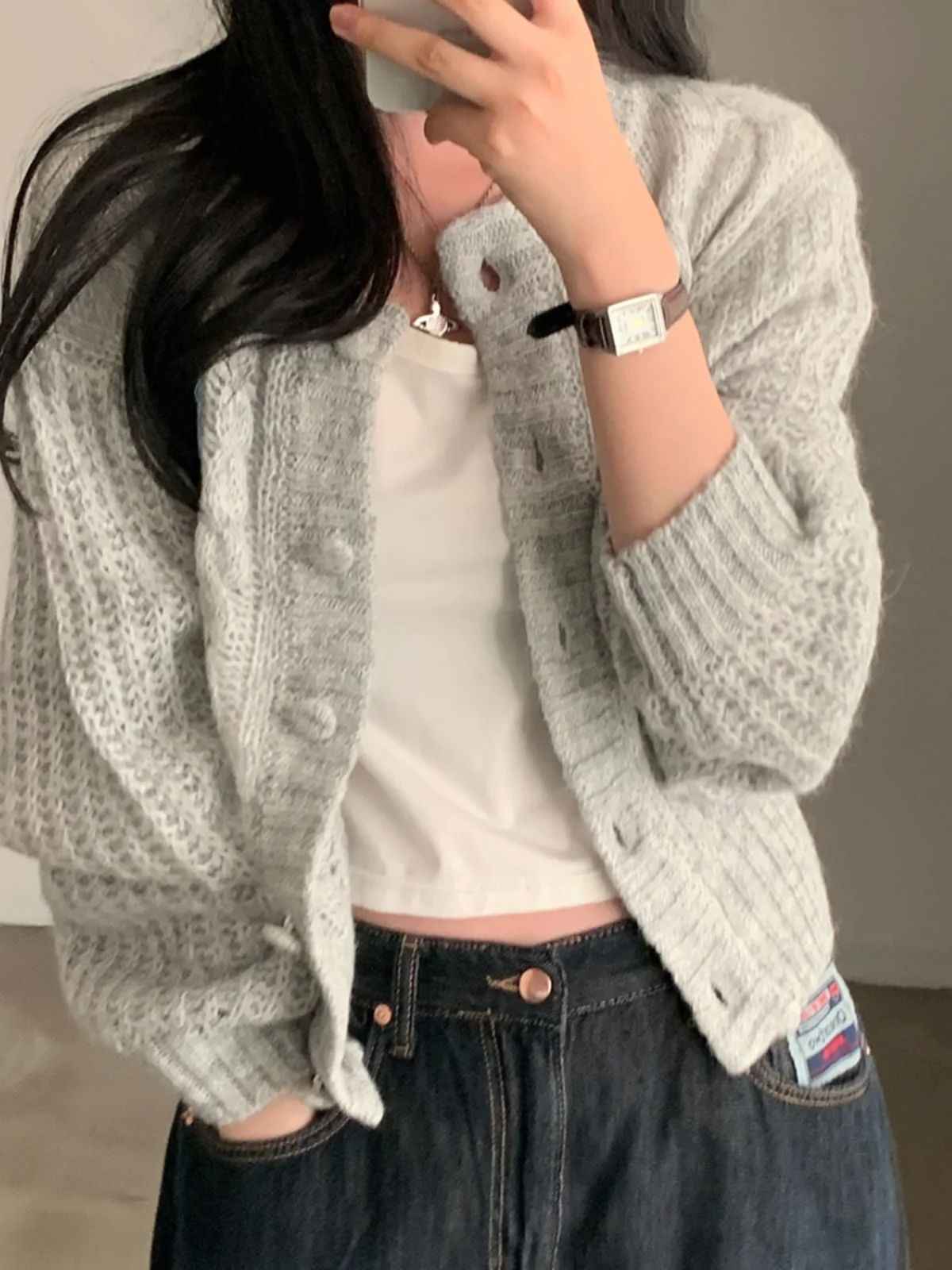 Retro Lazy Sle ถักเสื้อกันหนาวผู้หญิงฤดูหนาว Elegance รอบ Ne เดี่ยวปุ่มยาว Sve WARM TOP สบาย Fit