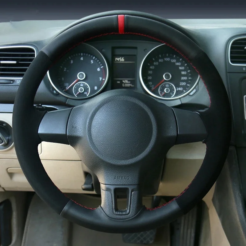 

Hand-stitched Black Genuine Leather Suede Car Steering Wheel Cover For Volkswagen Golf 6 Mk6 VW Polo MK5 2010 2011 2012 2013