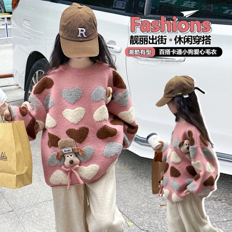 

Cartoon 3D Heart Colored Sweater Winter Patterned Knitted Sweater Fashionable Loose Sweater for Lively Big Kids