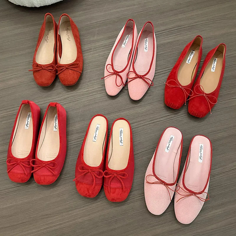 2024 Red New Women Flat Shoes Fashion Shallow Slip On Ladies Elegant Ballerinas Shoes Soft Flat Heel Outdoor Casual Mary Jane S