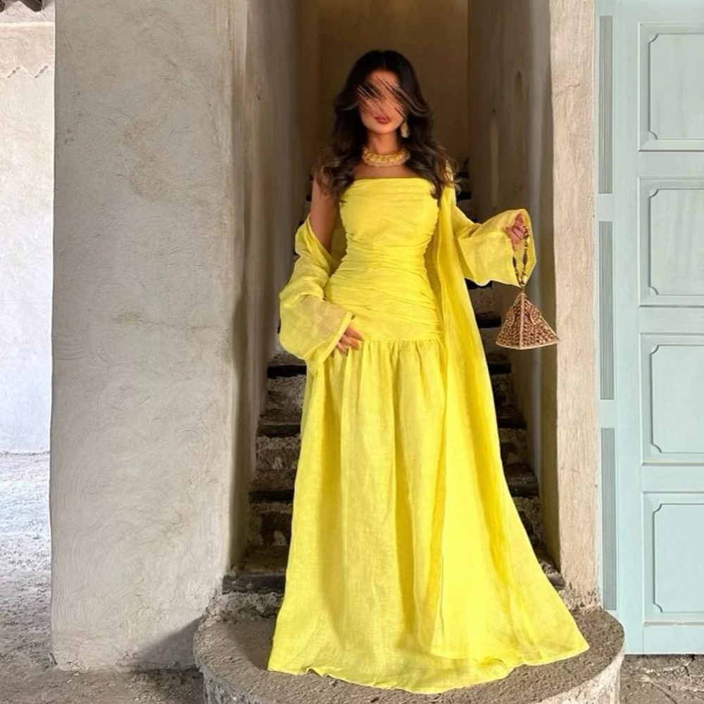 

Yellow Organza Classic Sweep Train Evening Dress Pleats Strapless Long Sleeves Floor Length Straight Bespoke Occasion Gowns Girl