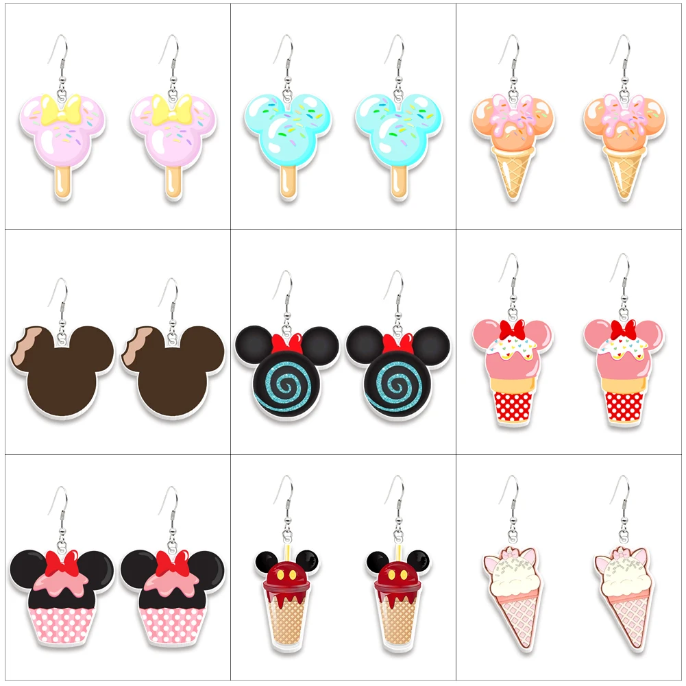 

Disney Cute Mickey Minnie Ice Cream Design Hook Drop Earrings Cartoon Figure Acrylic Pendant Ear Drop Earrings Xmas Jeelry