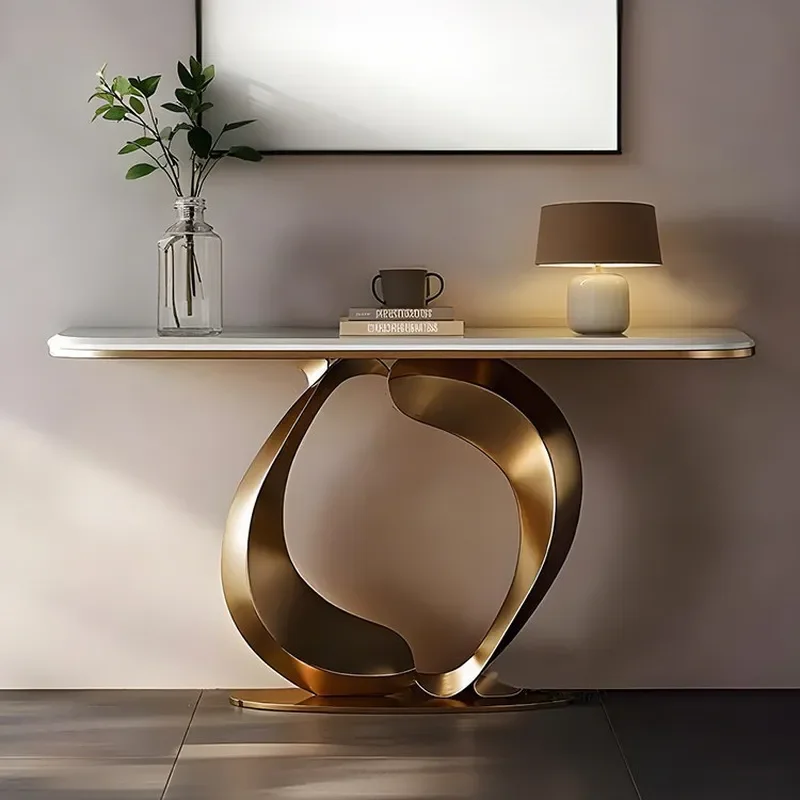 Simple Modern Stainless Steel Entrance Table Light Luxury Marble Entryway Console Creative Strip End View Table for Villa