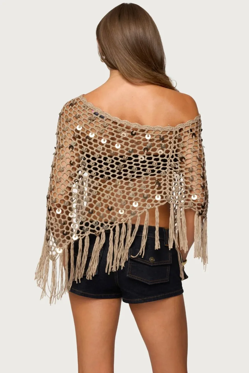 Women Sexy Sequins Knitted Tassel Hollow Out Cape See Through Inclined Shoulder Triangle Vacation Beach Cover-up Casual Shawl