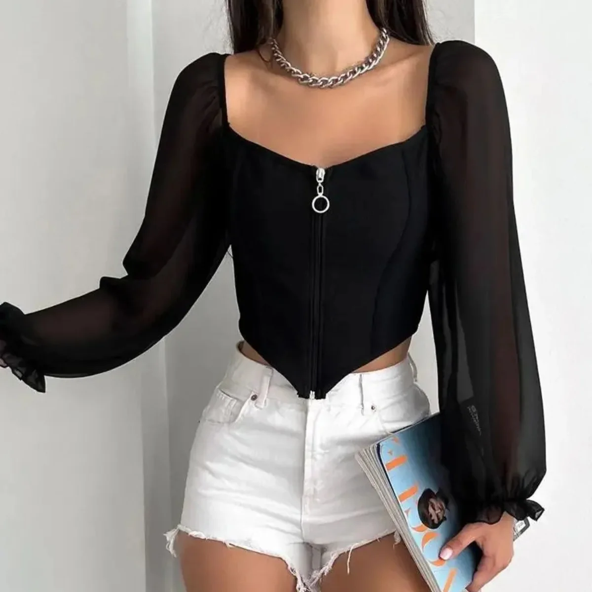 Square Collar Chiffon Tops Women Solid Color Lantern Sleeve Cardigan Zipper Go Out Wear Fit Camisole Sexy Vest Fashion Clubwear