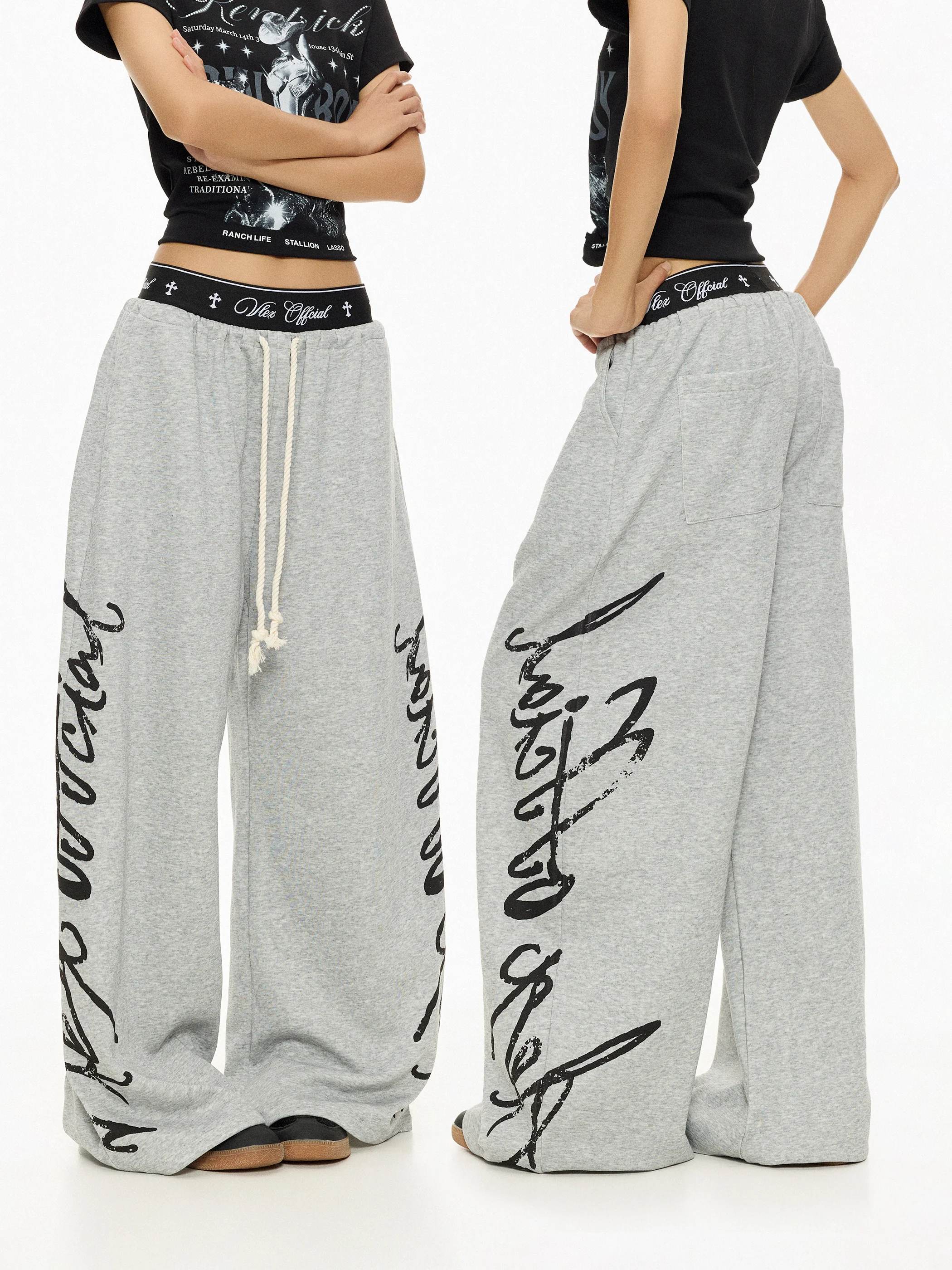 

Vintage American Printed Loose Wide Leg Casual Pants Women's Double Waist Head Sweatpants Comfortable Breathable Cotton Blend