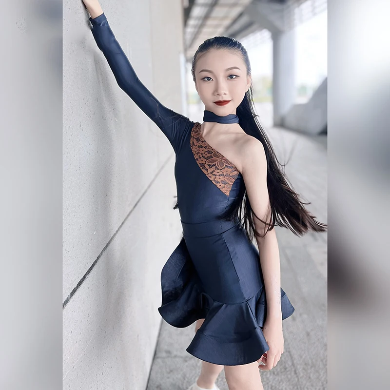 

2025 Girls Latin Dance Competition Clothing One-Sleeved Slant Shoulder Dress Kids Cha Cha Latin Dance Practice Clothes DNV22882