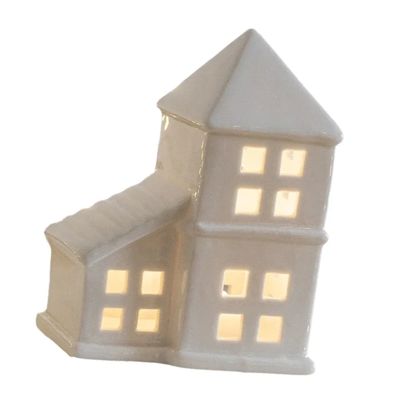 Maison Village Miniature en porcelaine avec lumière LED, Figurine maison scintillante en céramique, décoration bureau