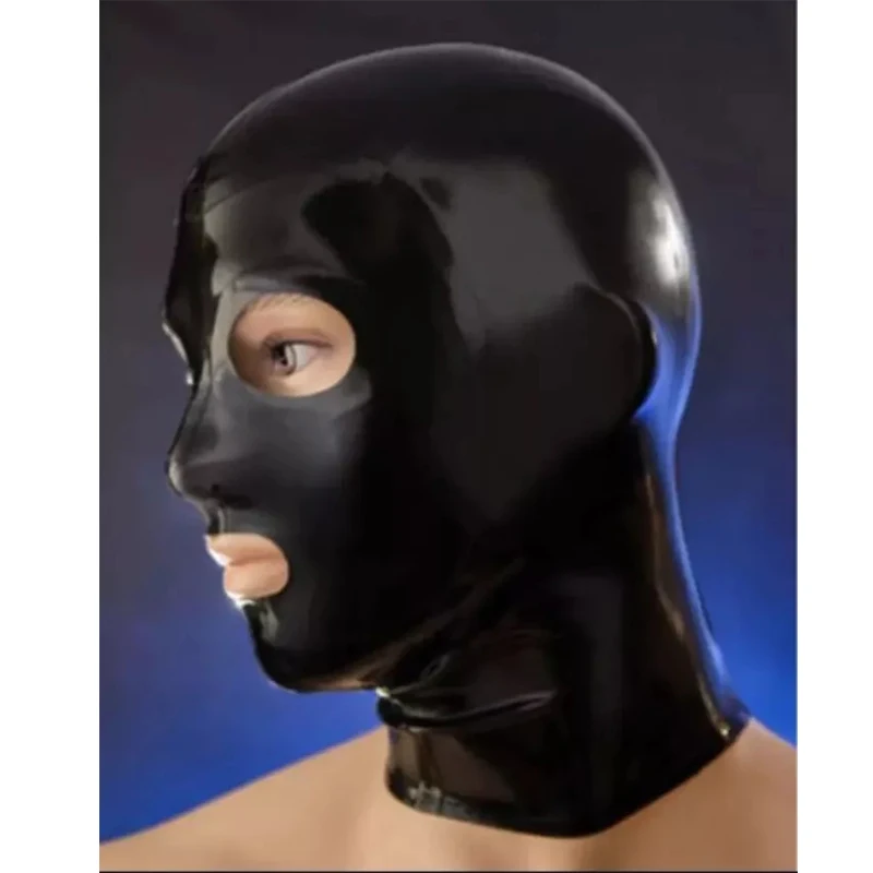 

Black Latex Rubber Fetish Mask Hood Open Eyes Mouth with Back Zipper Handmade Halloween Cosplay Costumes for Men Women