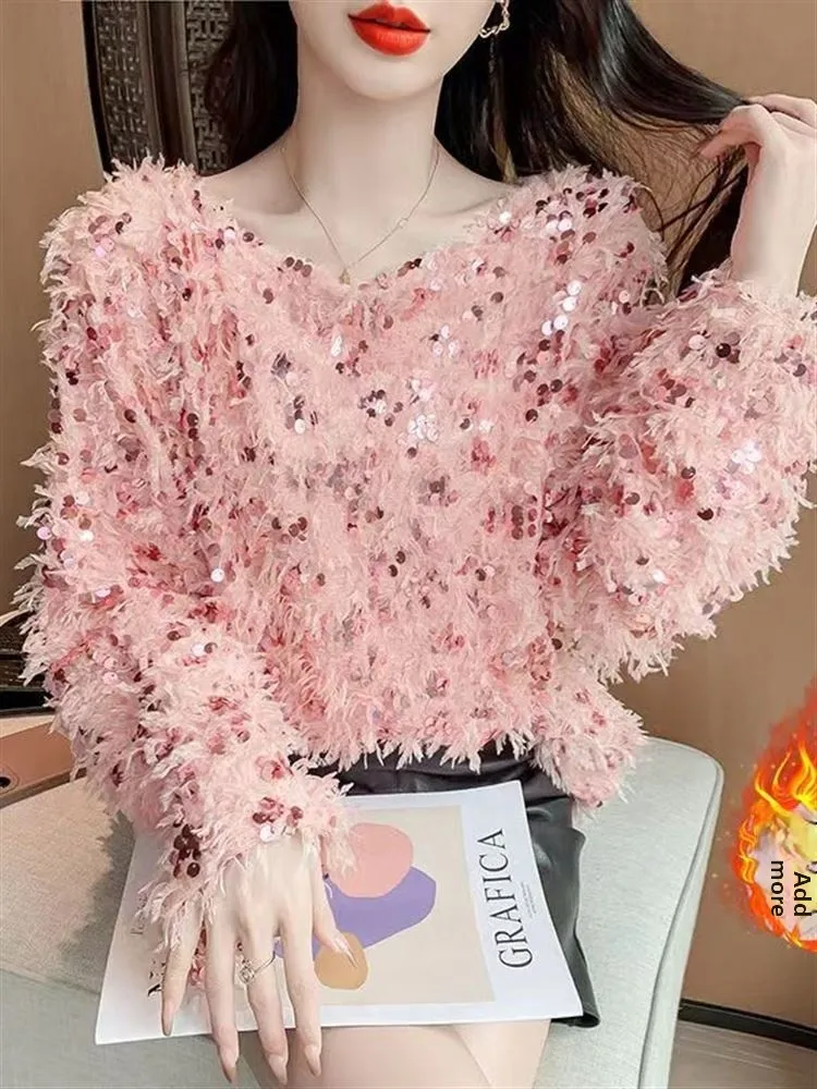 

Модный свитер с пайетками и бахромой, женская осенне-зимняя одежда, новинка 2023 года, зимний дизайн, шикарный топ