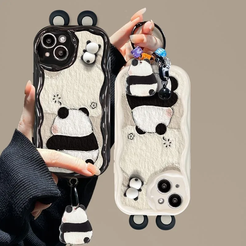 Korean Cute 3D Eyes Panda Phone Case For iPhone 15 14 13 12 11 Pro Max X XR XSMAX SE 8 7 Plus Wavy cream Silicone Cover L-Loopys