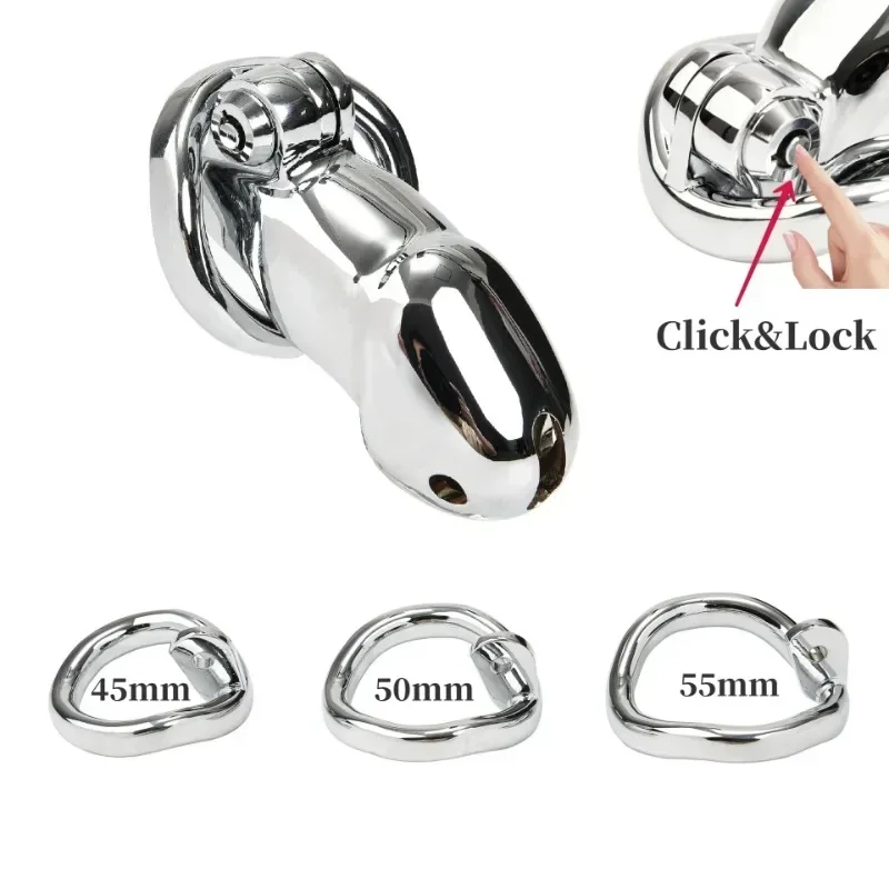 New Male Metal Clicking Penis Cage Lock Birdcage Chastity Cage Cock Ring  Restraints Escape Prevention Gay Sex Toy Sex Shop 18+