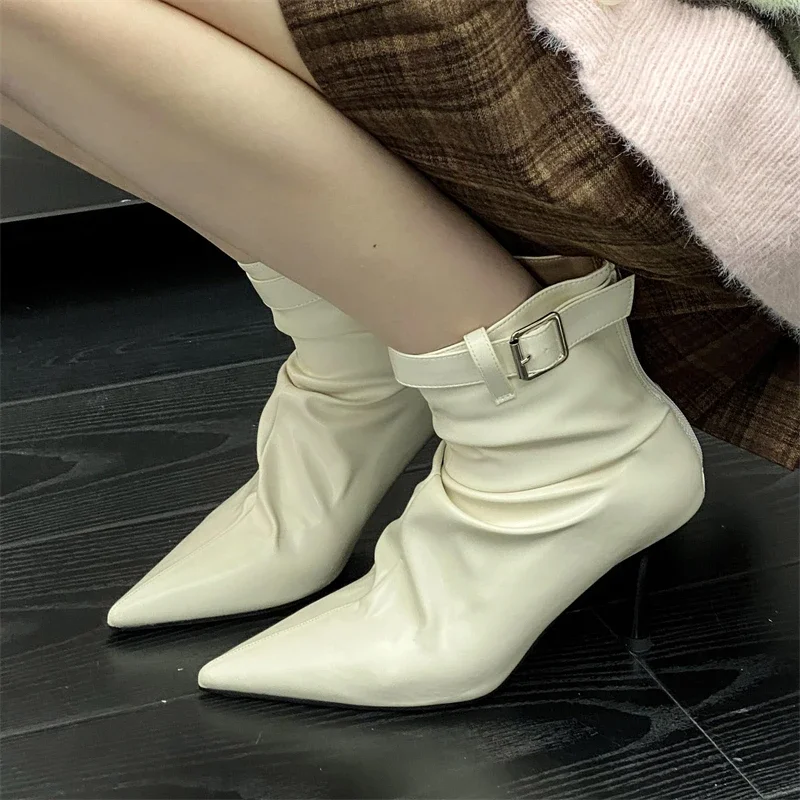 

Aneikeh Autumn Winter Pointed Toe Thin Heels Design Belt Buckle Pleated Women Ankle Boots Concise Shoes Zapatos De Mujer