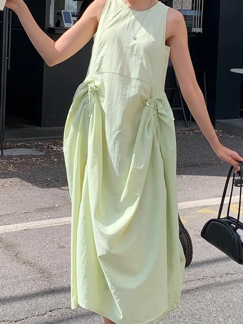 여름 민소매 드로스트링 원피스 여성용 프레시 스타일 루즈핏 A라인 한국 스타일 미디 기장 스커트 캐주얼 편안한 베스트 원피스