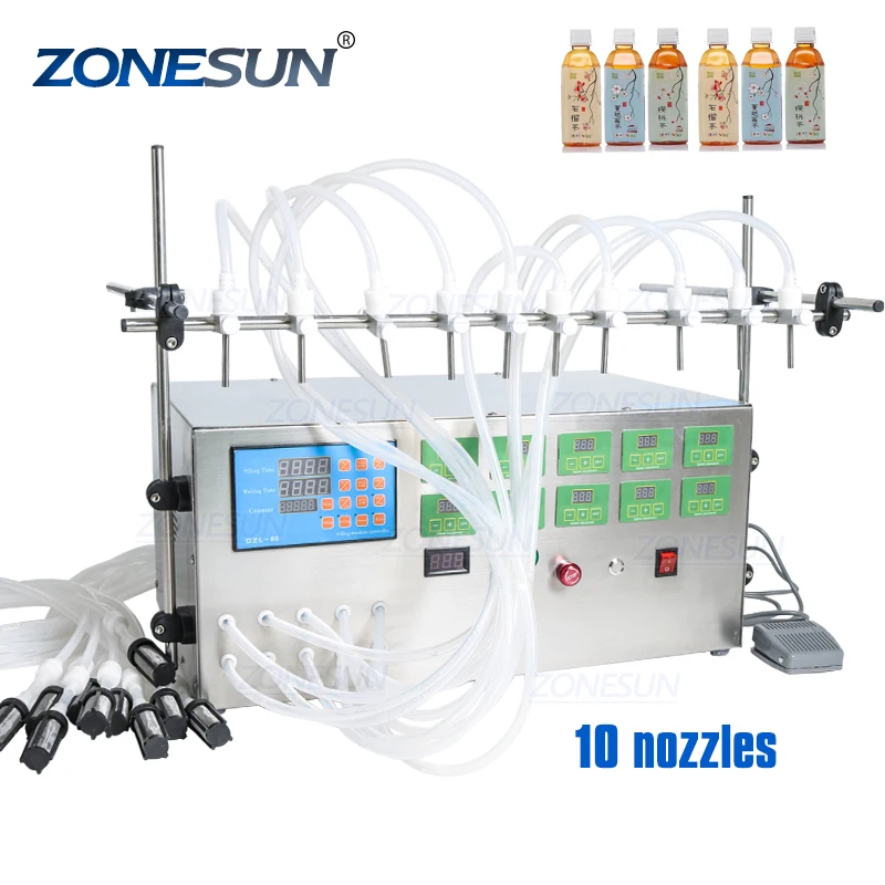 ZONESUN Digital Control Pump Liquid Essential Oil Water Juice Cnc 10 Heads 3-4000ml Filling Machine