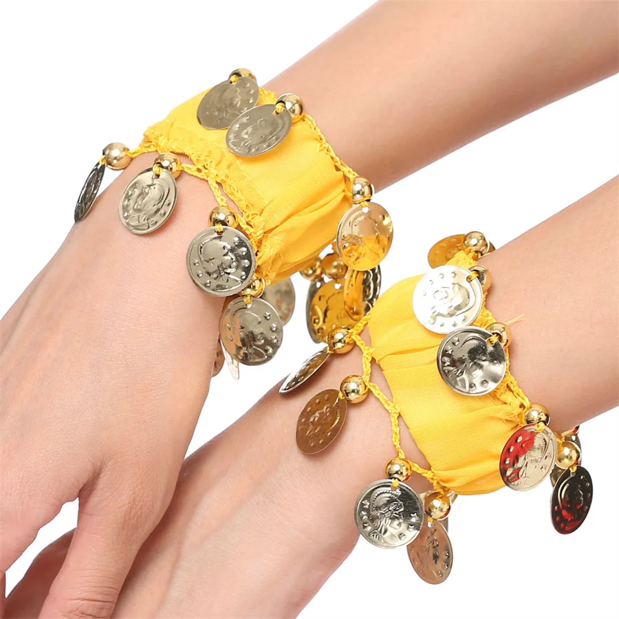 Bracciale di danza del ventre in chiffon da 1 paio/2 pezzi con polsino elastico per cavigliera da polso per danza del ventre con monete