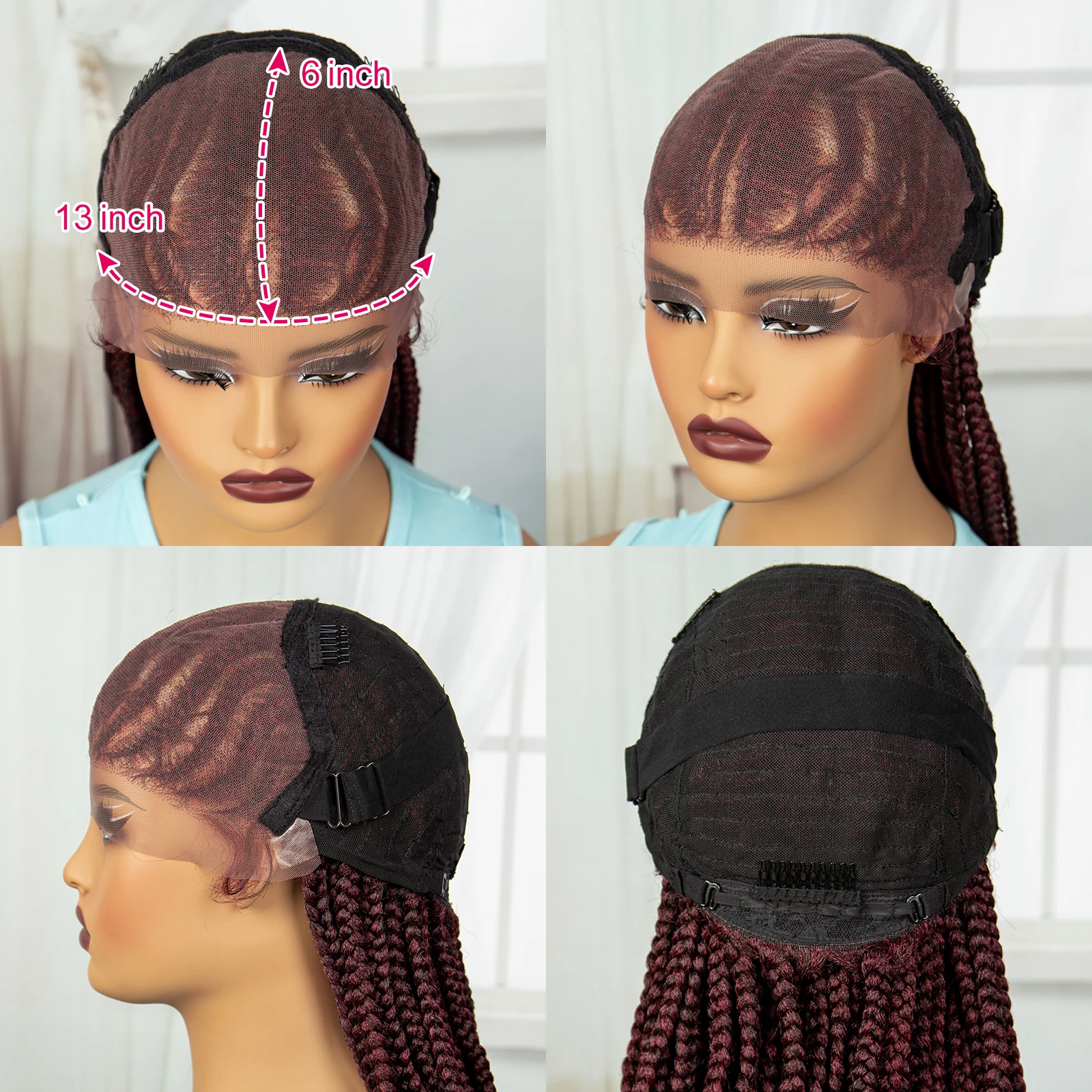 Wig sintetis kepang renda depan Burgundy, Wig kepang tanpa simpul renda Frontal untuk wanita warna hitam, Wig kepang Corrow dengan rambut bayi