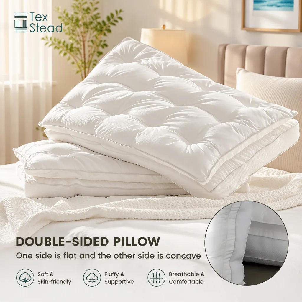 Double Layer Fiber Filled Hotel Adult Neck Pillow, Soft Fluffy Comfort for Back, Stomach & Side Sleepers, Breathable White Cover
