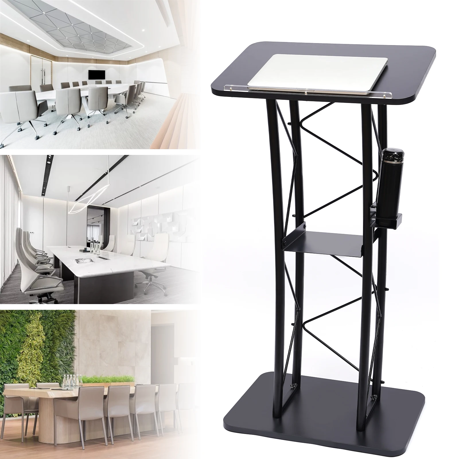 

Black Curved Podium, 60.45x40.39x119.38cm, with Cup Holder and Baffle, Ideal for Schools, Conferences, and Public Events