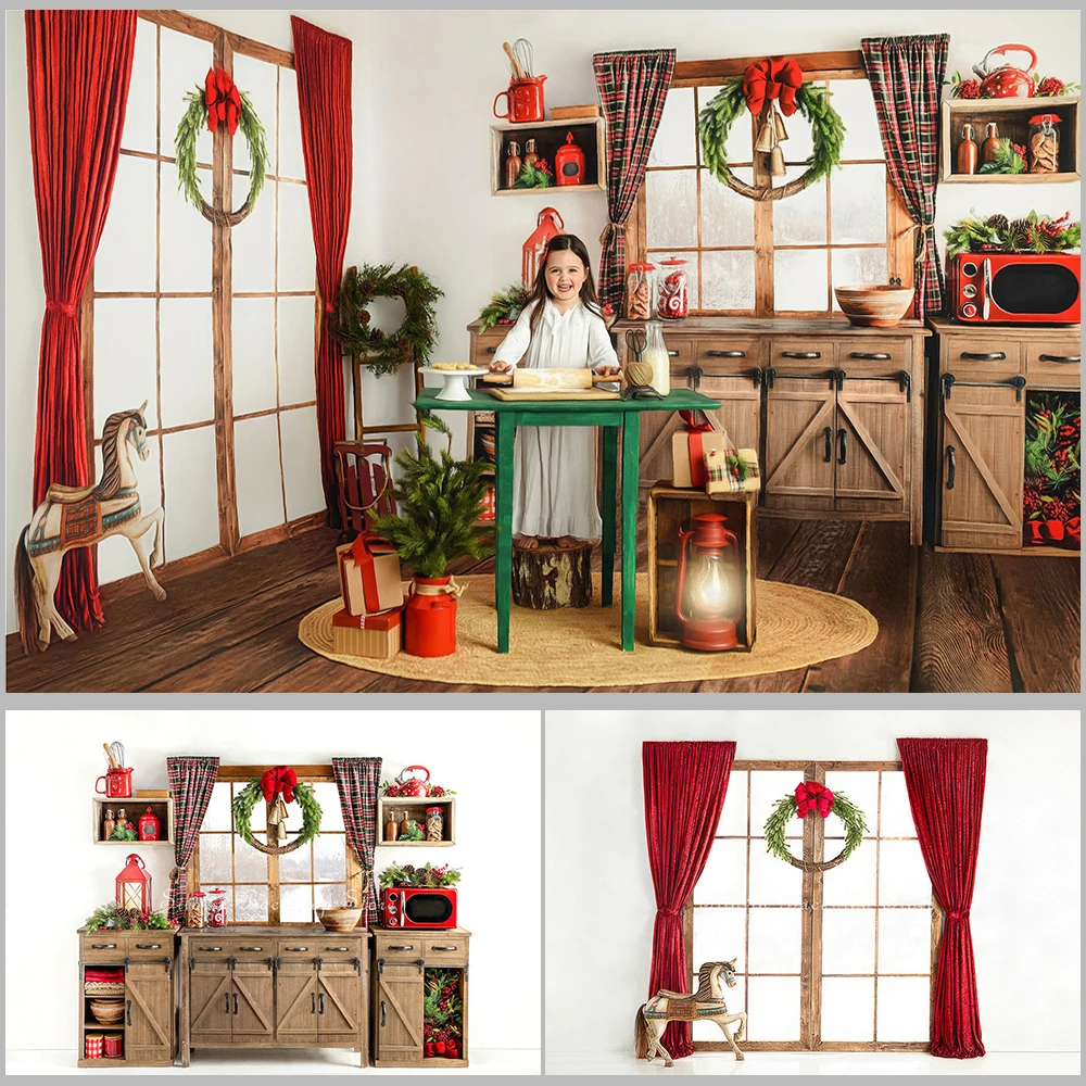 

Christmas Fresh Baked Holiday Photo Background Red Window Photography Backdrop Kids Family Portrait Photo Studio Props