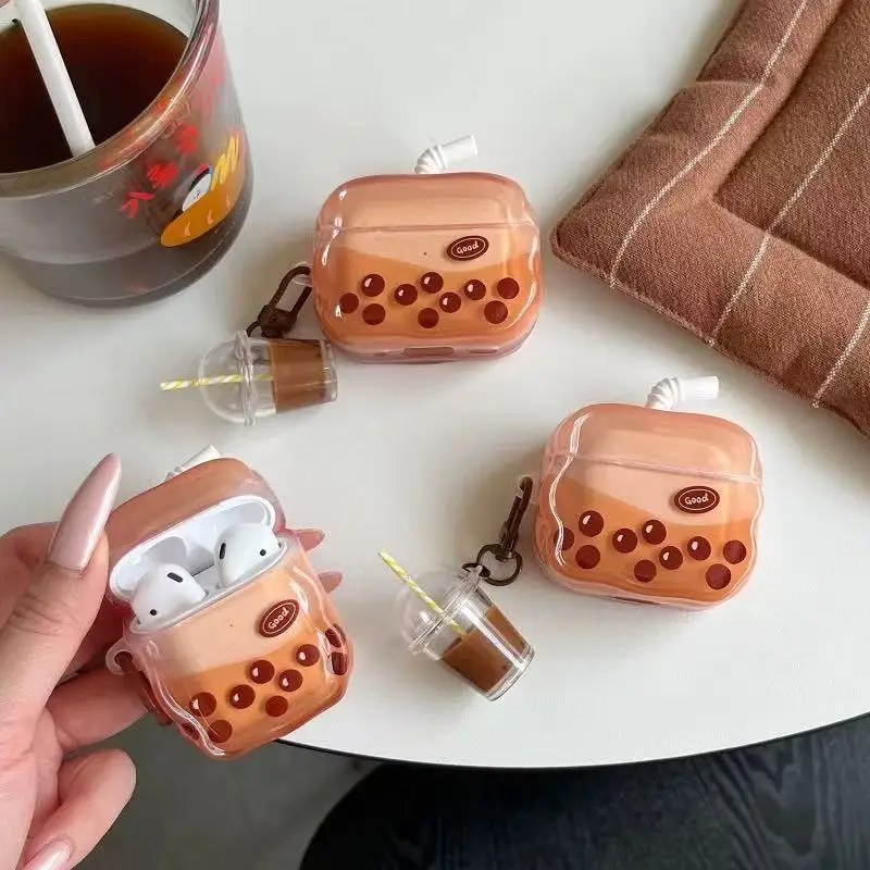 3D Wavy Edge Straw Milk Tea Pattern Earphone Case For Air Pods Pro3 Pro2 Airpods 4 3 2 Gen Wireless Bluetooth Cover With Pendant
