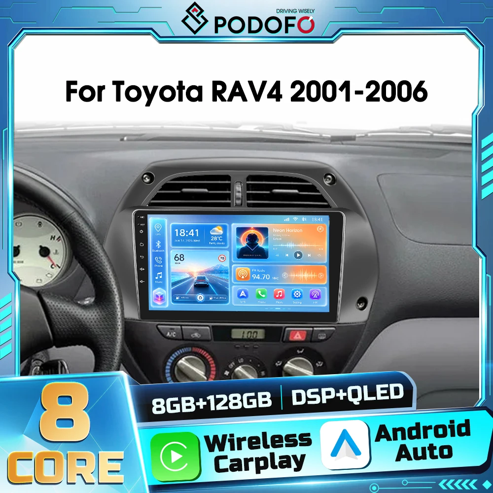 Autoradio Android 2DIN Podofo per Toyota RAV4 2001-2006, ricevitore FM RDS, Bluetooth, WIFI, DSP, Carplay wireless, Android Auto, navigazione GPS