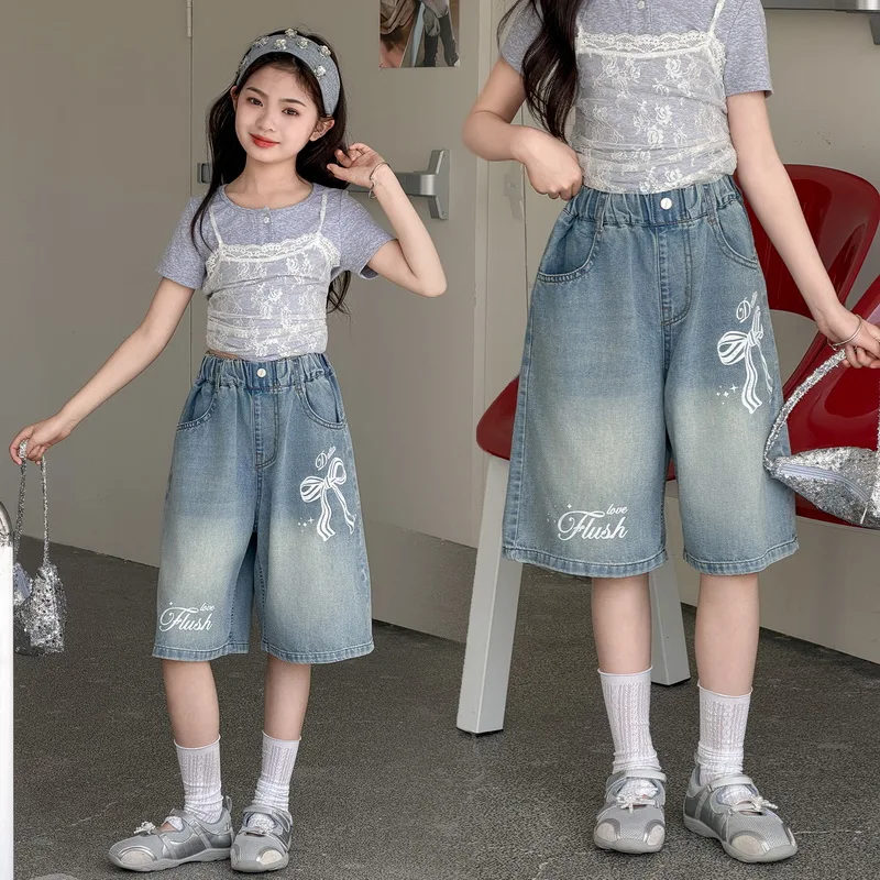 Kids Fashion Knee Length Denim Shorts With Bow Print for Teenage Girl Retro Gothic Y2K Casual Five-point Jeans Child Capri