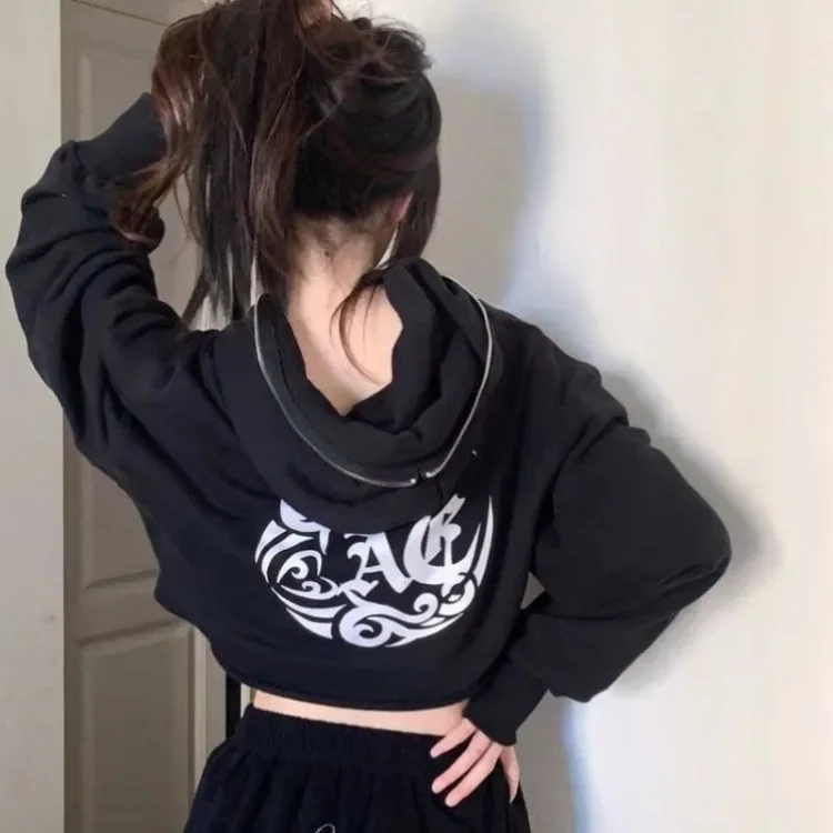 Sweet Cool Hoodie Sweatshirts Women 2025 Autumn New All-match Zipper Cardigan Y2k Crop Top Long Sleeve Black Tops Mujer