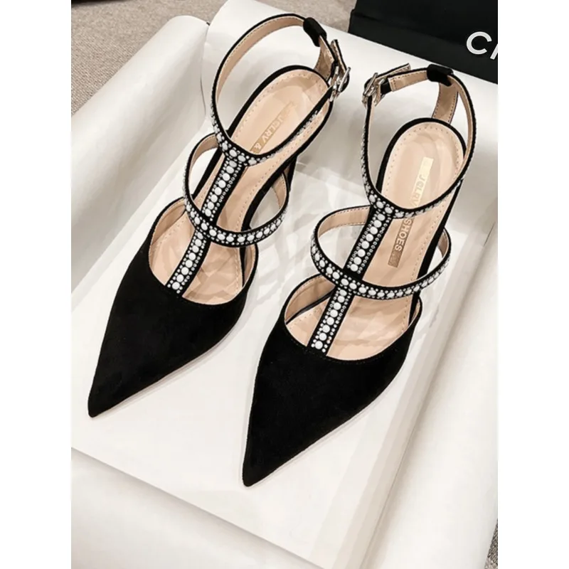 

High heels women's 2025 new baotou rhinestone one-word buckle T-belt sandals black light mouth pointed thin heel single shoes
