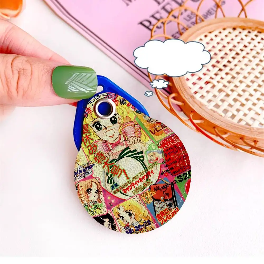 Candy Candy Anime 1PCS PU Leather Keychain Protective Case Door Lock Access Control Tags Card Bag Key Tag Ring