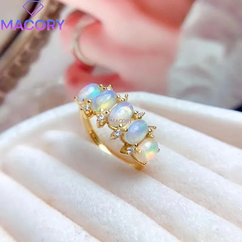천연 호주 오팔 반지 5개 4*6MM 보석 925 스털링 실버 여성용 결혼 약혼 선물