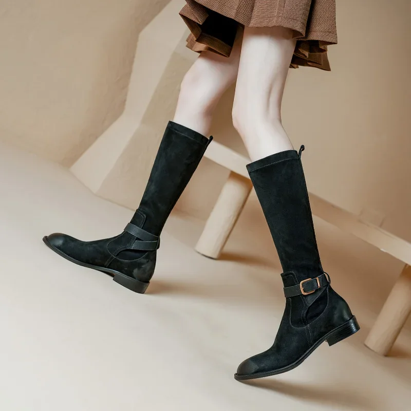 2023 New Women Genuine Cow Leather Retro Style Knee-high Boots Ladies Autumn Winter Low Heels Round Toe Belt Buckle Riding Boots