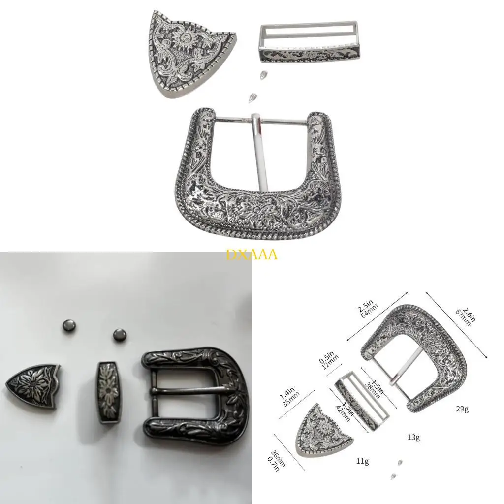 DXAA 3Pcs Antique Floral Designing Waistband Buckle Western Cowboy Belt Buckle Set