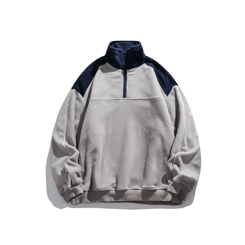 2026 Autumn New Splicing Color Contrasting Half Zipper Pullover Tops Winter Warm Men's Casual Loose Sweatshirt Japan Streetwear