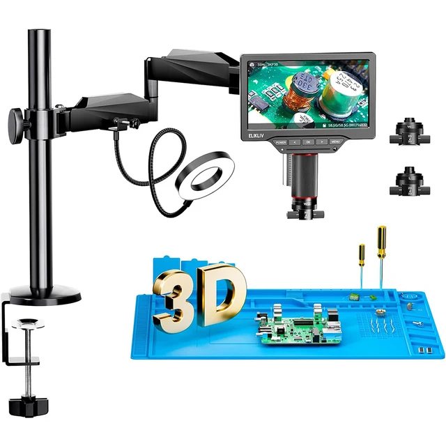 Elikliv EM3K-3D 7 "3D mikroskop cyfrowy 3K mikroskop lutowniczy do elektroniki z magnetycznym podwójnym obiektywem Flex Arm Ring Light