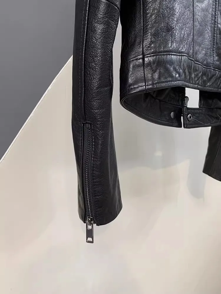 Herbst Fashion Echtes Leder Frauen Kurze Jacke Stehkragen Zipper Mantel Top Arbeit Dame Slim Fit Jacken Casual Schwarz Oberbekleidung