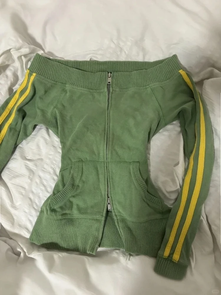 

American Punk Y2k One Off Shoulder Jacket Women Vintage Preppy Style Hot Girl Coat Autumn New Fashion Slim Zipper Cardigan 2025